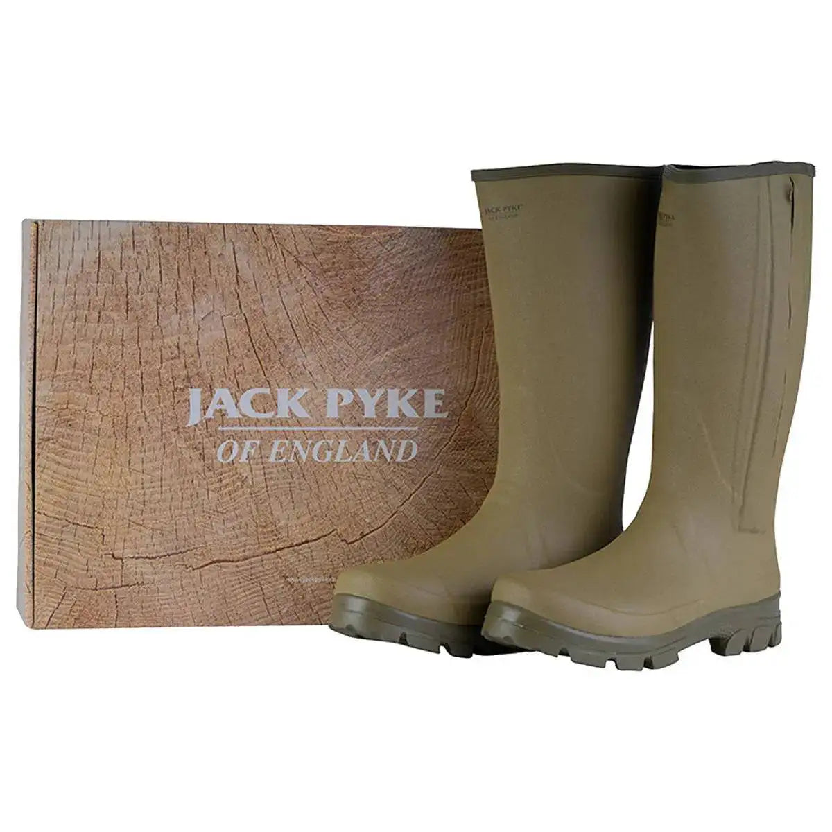 Jack Pyke Ashcombe Zip Wellie Boot displayed with branded packaging, ideal for outdoor enthusiasts, farmers, and gamekeepers.  from  John Bull Clothing 