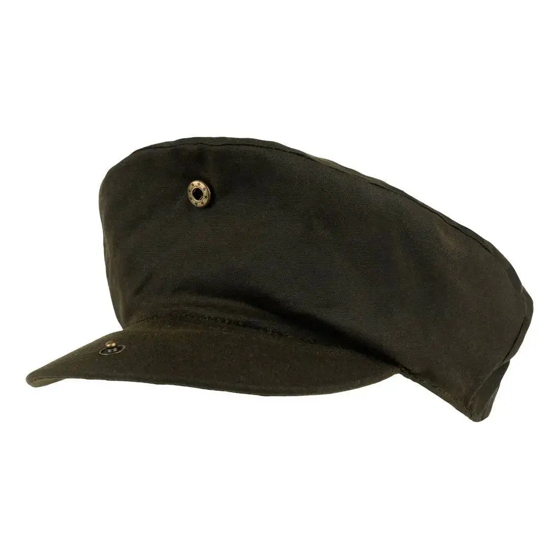 Jack Pyke Wax Flat Cap Green with an alternative military-style fold, featuring a button detail for versatile wear.  from  John Bull Clothing 