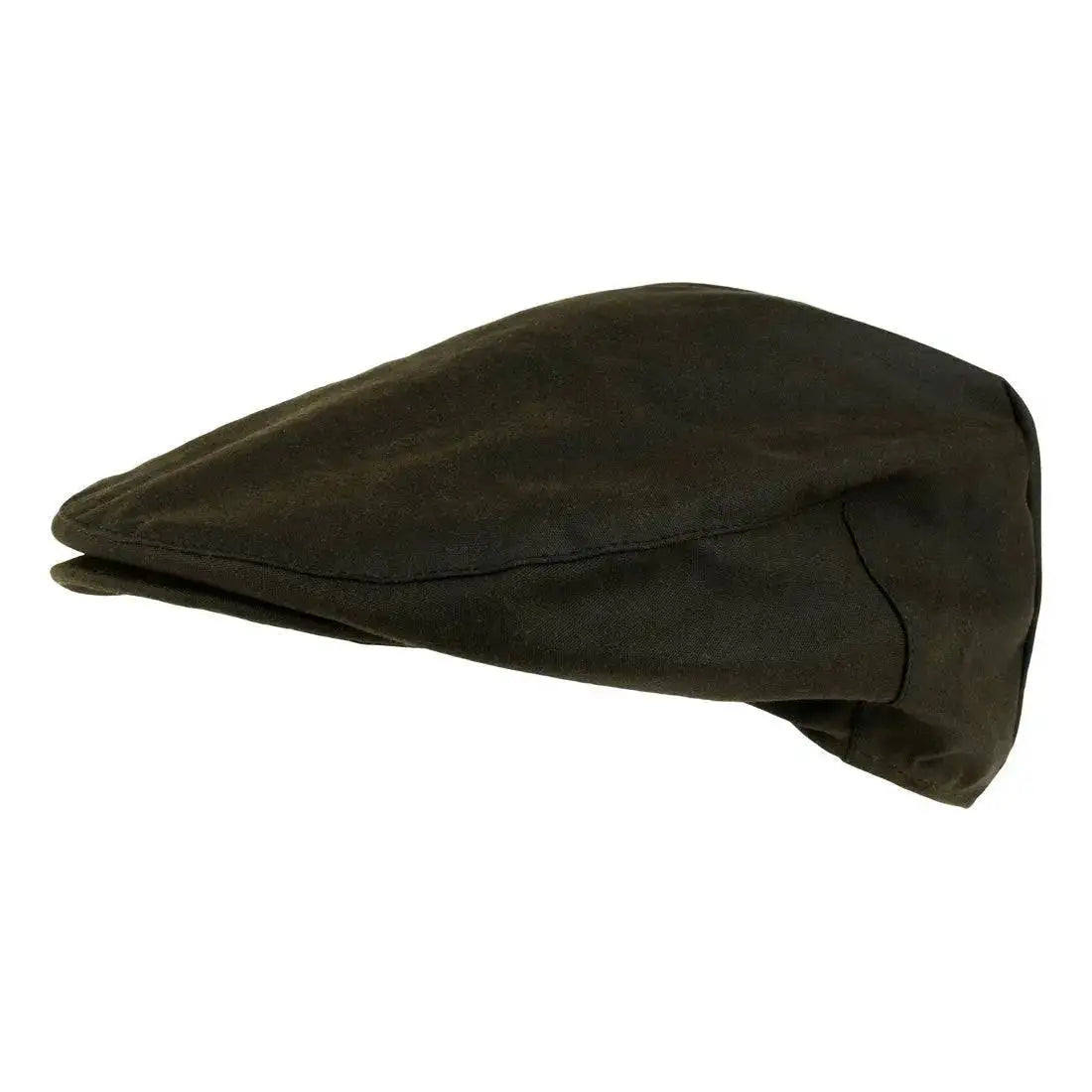 Side view of the Jack Pyke Wax Flat Cap Green, showcasing its traditional flat cap silhouette and sturdy waxed cotton material.  from  John Bull Clothing 