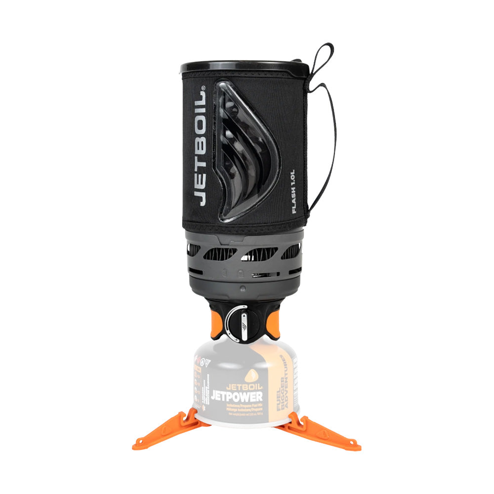 Jetboil Flash 1.0L Fast Boil Stove System in Carbon color, featuring an insulated cooking cup and efficient burner for rapid boiling.