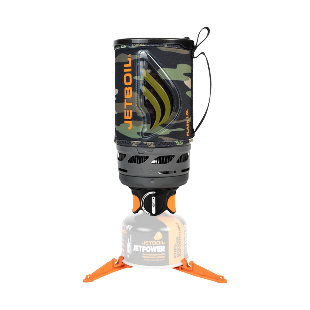 Jetboil Flash 1.0L Fast Boil Stove System in Dark Camo design, a compact and portable cooking stove ideal for outdoor adventures.