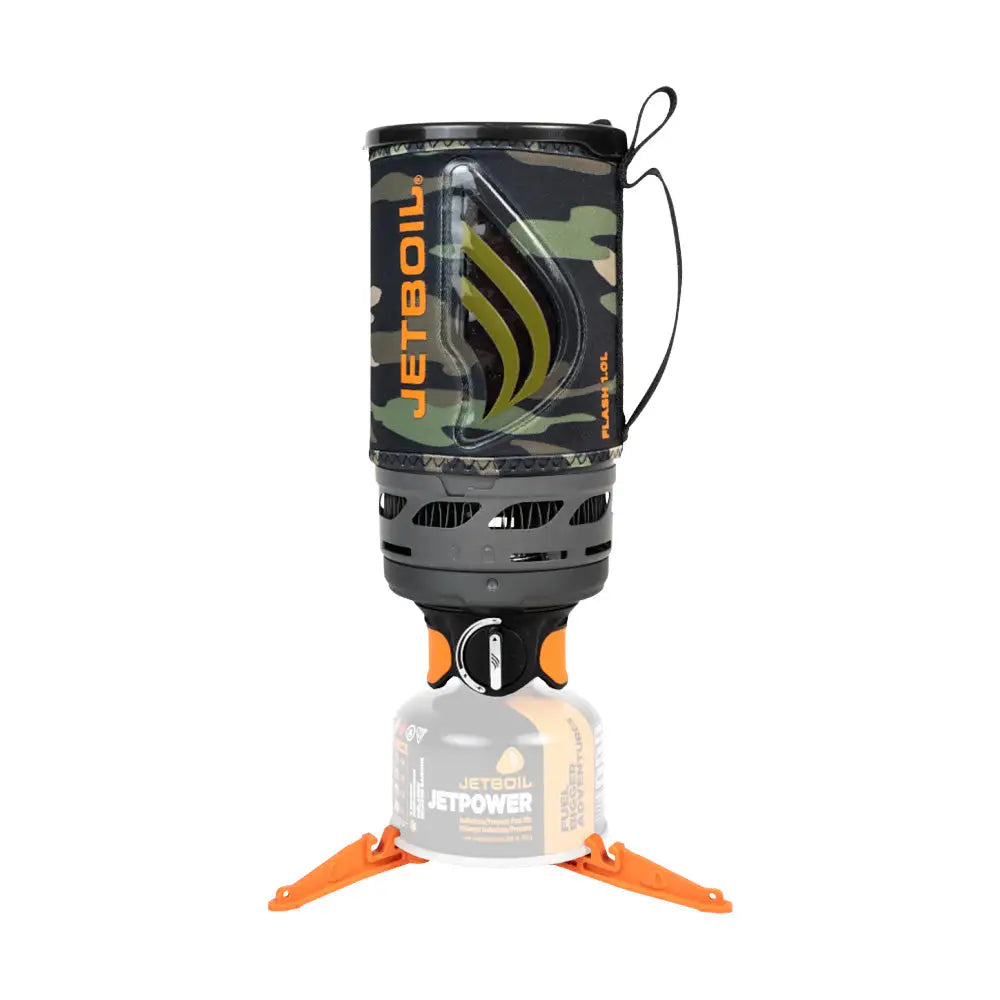 Jetboil Flash 1.0L Fast Boil Stove System in Dark Camo design, a compact and portable cooking stove ideal for outdoor adventures. Dark Camo FLDC3 from  John Bull Clothing 