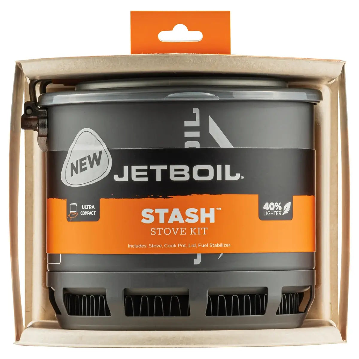 Jetboil Stash Carbon Camping Stove kit in retail packaging, showcasing compact ultralight design for backpacking and camping use.