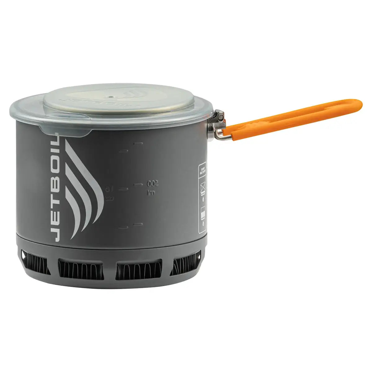Jetboil Stash Carbon Camping Stove pot with lid and orange handle, featuring integrated heat exchanger for fast boiling performance.