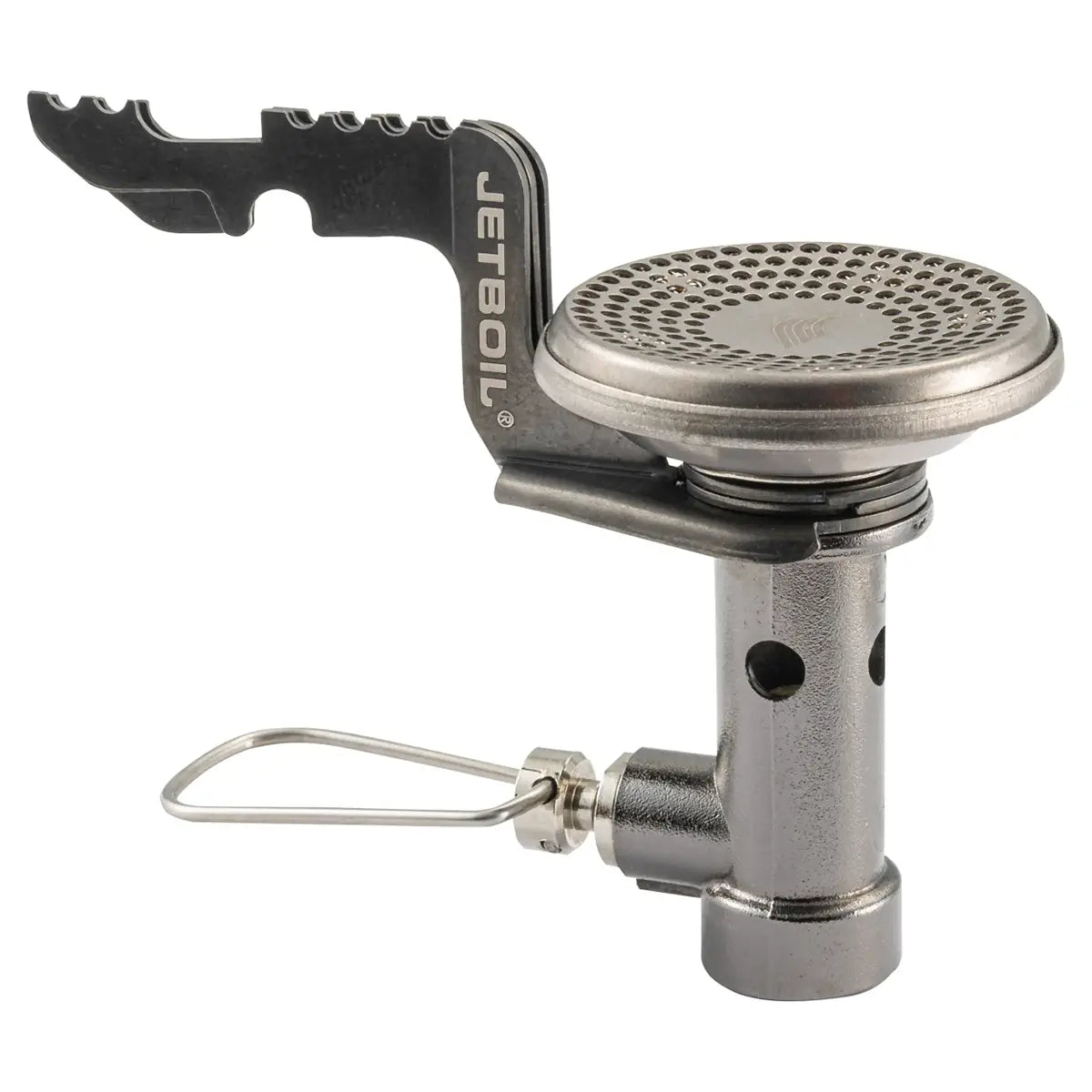 Close-up of Jetboil Stash Carbon Camping Stove burner head with precision flame control, designed for efficient portable cooking.