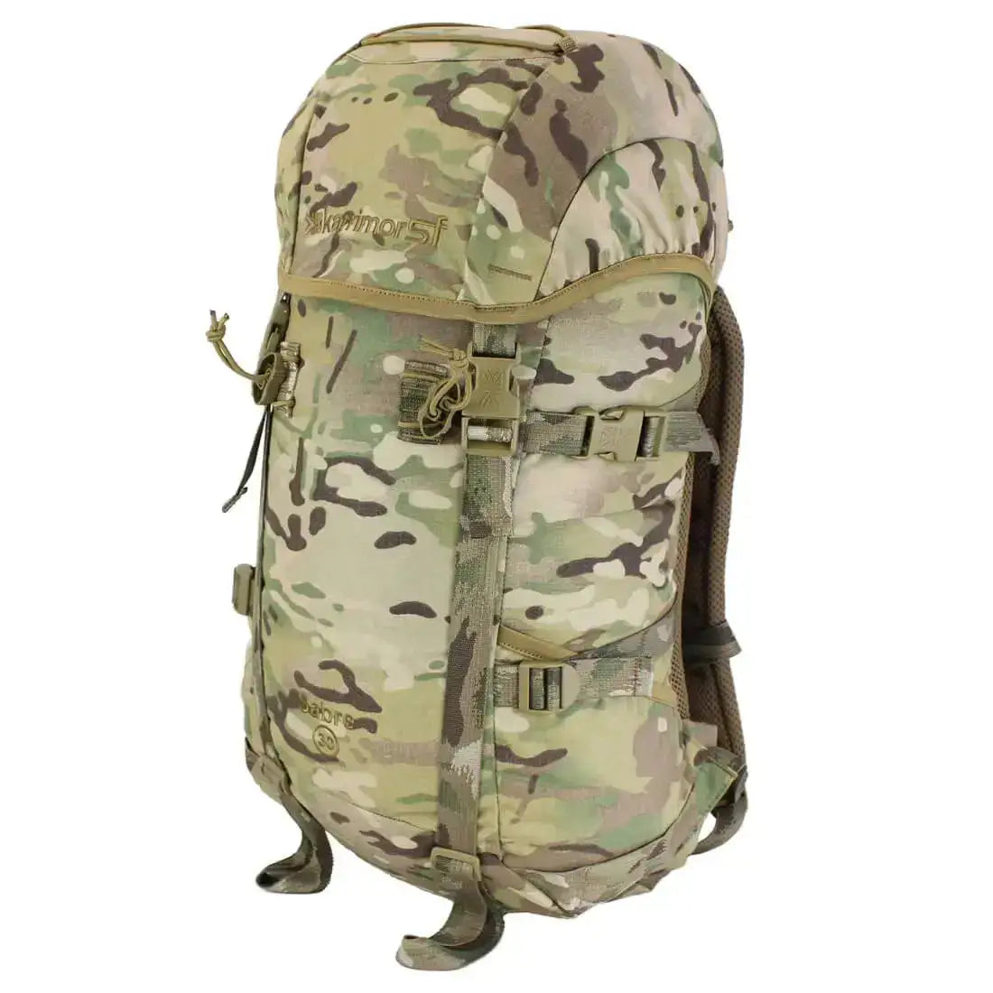 Karrimor SF Sabre 30 Rucksack in camouflage pattern, a 30L tactical backpack with reinforced stitching and multiple attachment points for gear organization. Multicam from  John Bull Clothing 