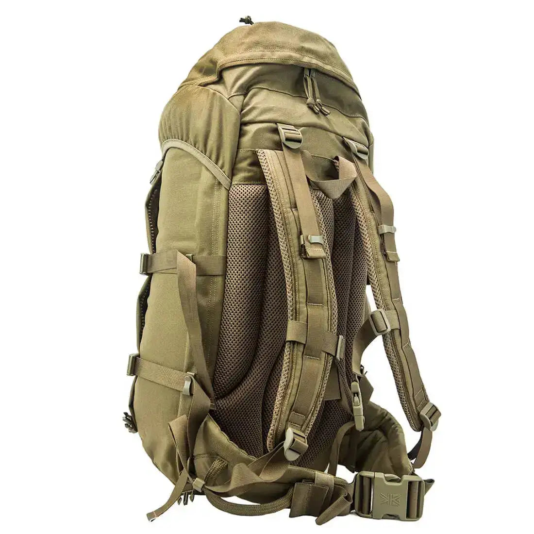 Rear view of Karrimor SF Sabre 45 PLCE Rucksack in coyote brown showing padded shoulder straps and ventilated back panel for comfort.  from  John Bull Clothing 