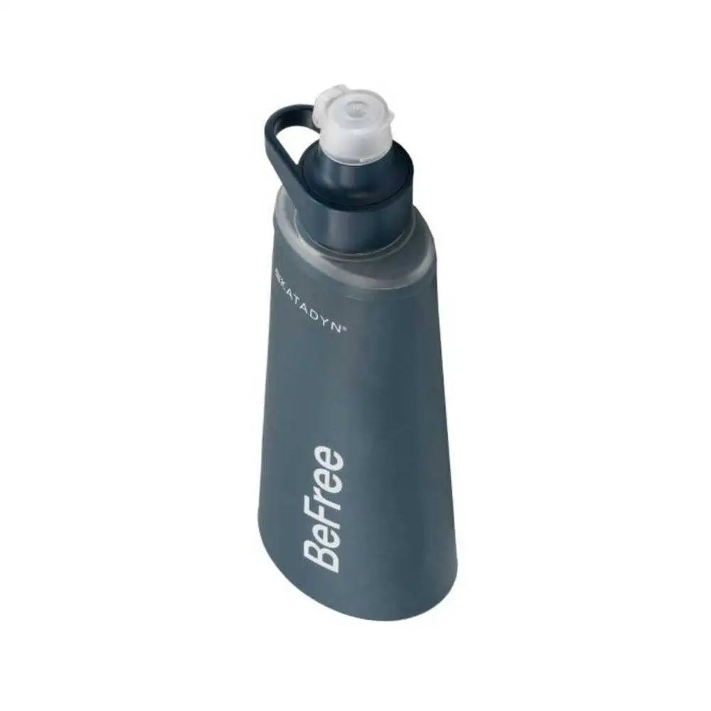 Angled view of Katadyn BeFree AC Water Filter Bottle 1.0L in Slate Blue, highlighting the wide mouth and filter-ready spout.  from  John Bull Clothing 
