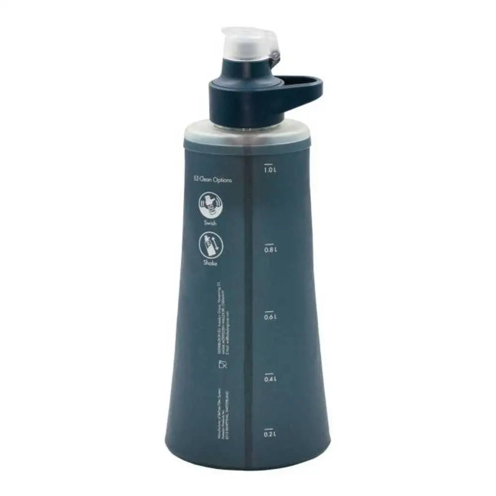Back view of Katadyn BeFree AC Water Filter Bottle 1.0L in Slate Blue, showing volume markings and EZ-Clean instructions. Blue from  John Bull Clothing 
