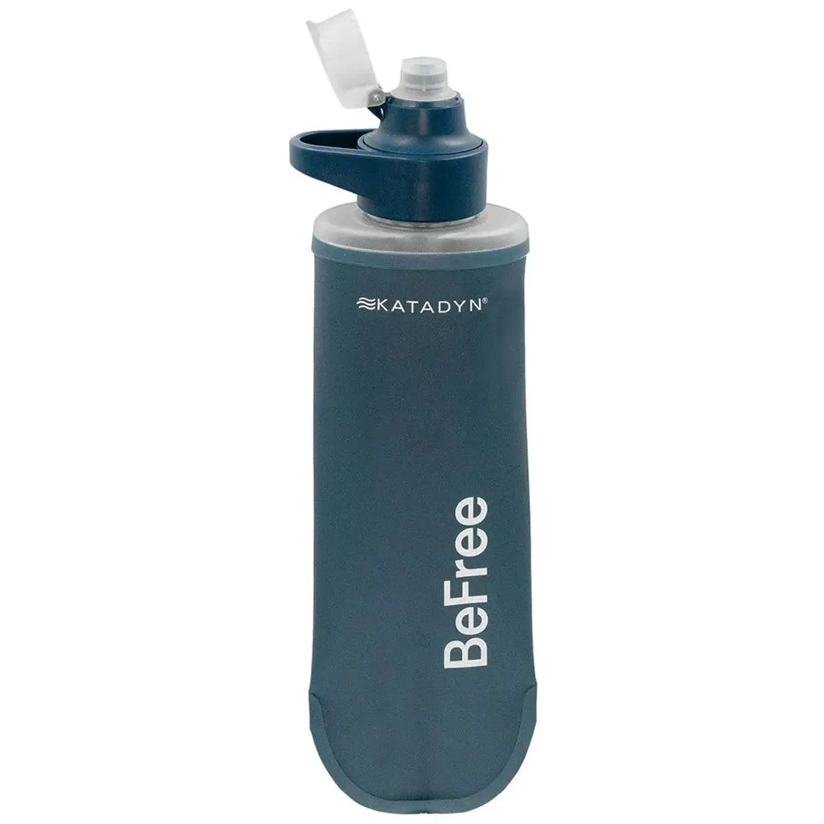 Katadyn BeFree AC Water Filter Bottle 500ml Slate Blue shown with open cap, perfect for hiking and camping hydration needs.  from  John Bull Clothing 