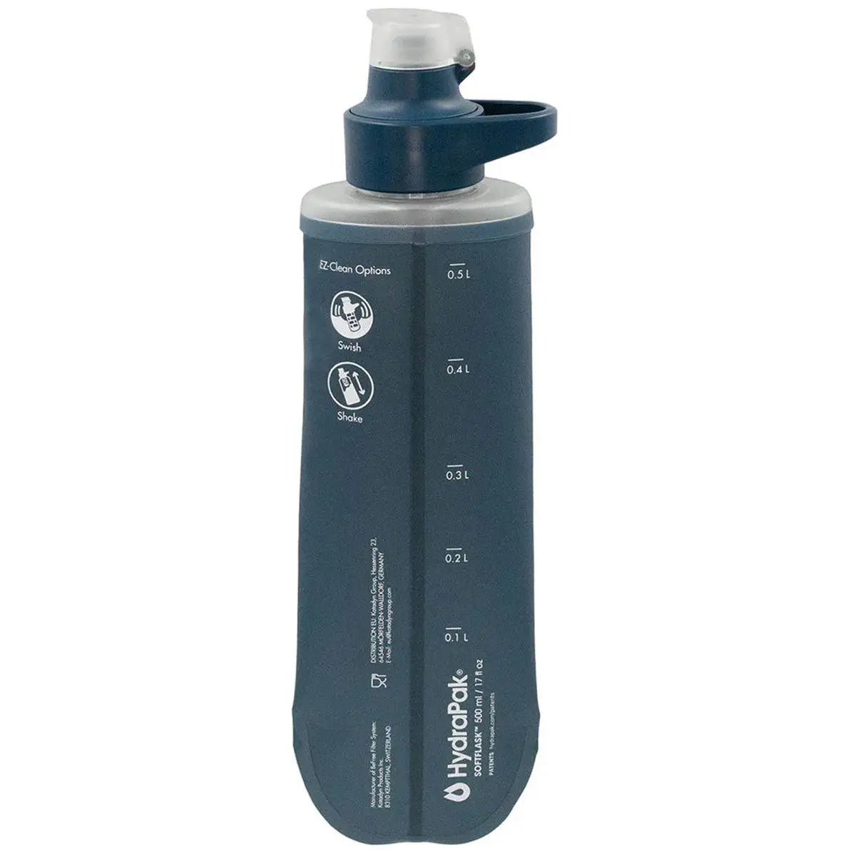 Back view of Katadyn BeFree AC Water Filter Bottle 500ml Slate Blue showing volume markings and cleaning instructions for outdoor use.  from  John Bull Clothing 