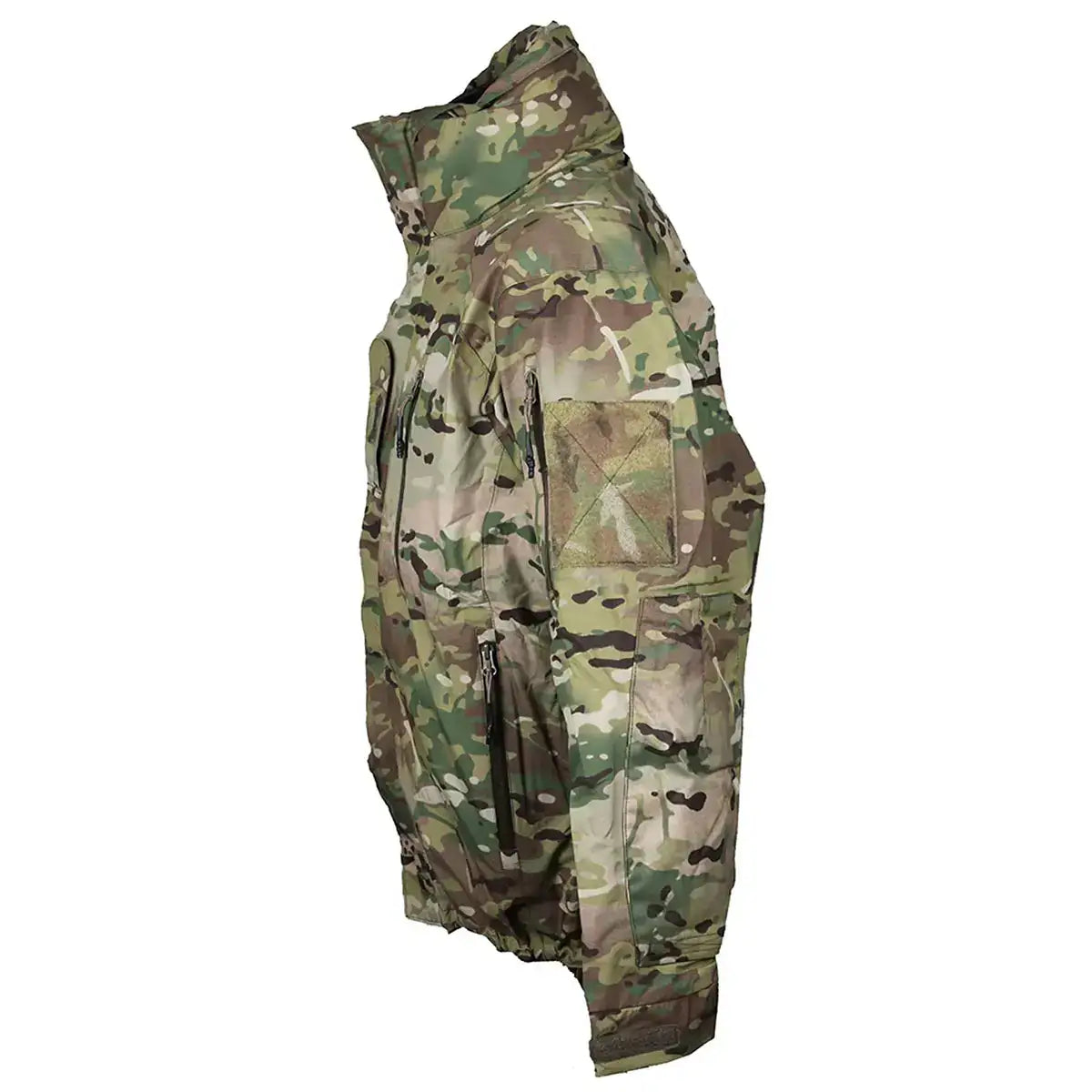 Green and brown camouflage tactical jacket with multiple zippered pockets, high collar, and durable fabric for military or outdoor use  from  John Bull Clothing 