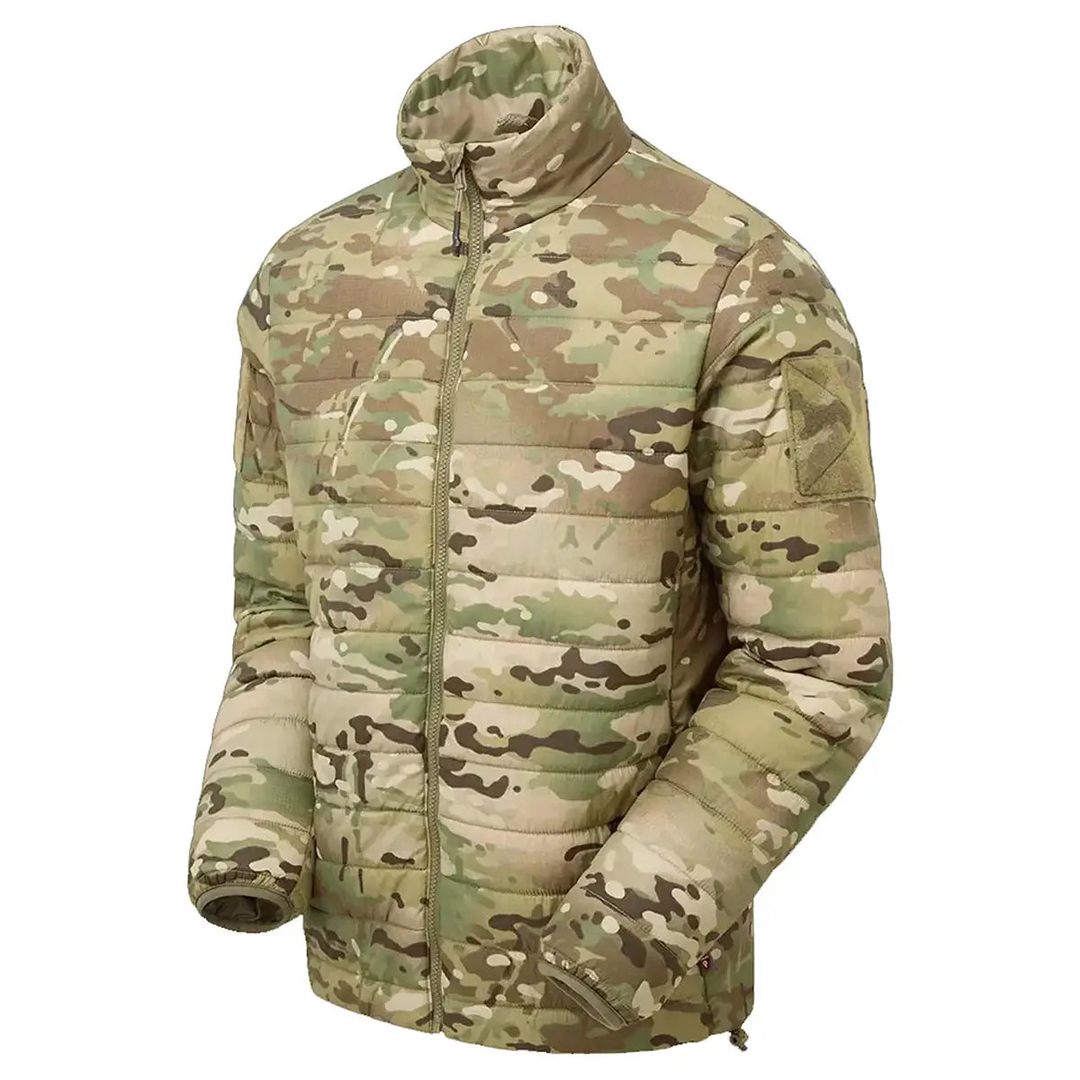Angled front view of Keela Quantum Core Primaloft Jacket Multicam displaying ergonomic fit and durable camo outer shell.