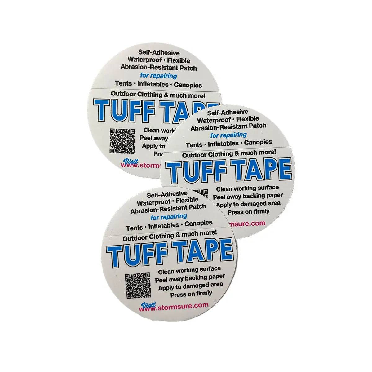 Three Tuff Tape self-adhesive waterproof patches for repairing outdoor clothing, tents, and inflatables. Strong, flexible, and abrasion-resistant.