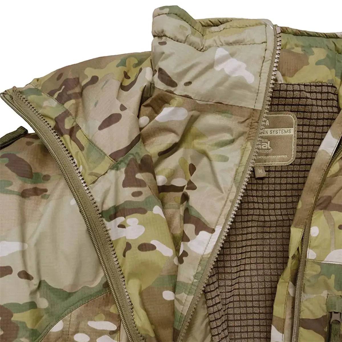 Interior view of the Keela Thor Waterproof Multicam Jacket, showcasing its dual protection system and interactive zip for additional layering options.
