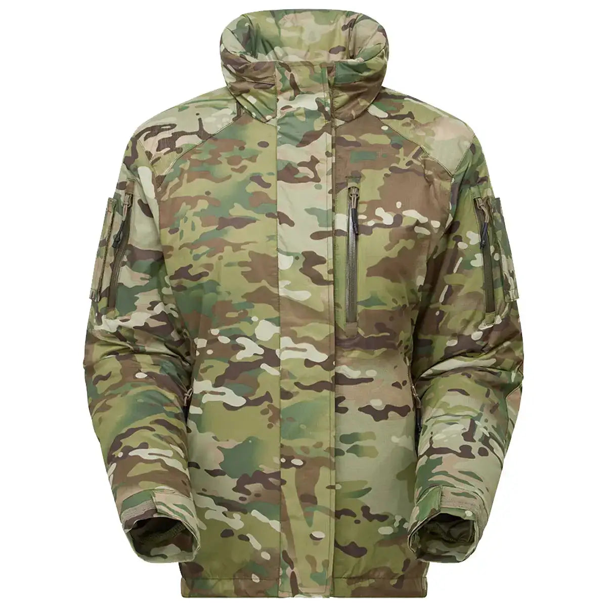 Keela Womens Mk6 Belay Jacket WP Insulated Multicam camouflage jacket with high collar, front zipper, multiple zippered pockets, and camouflage pattern