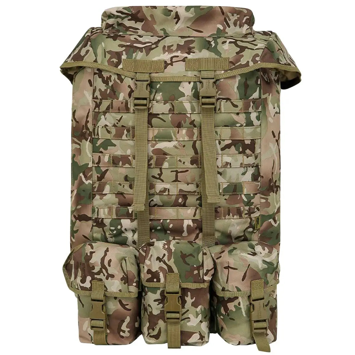 Front view of Kombat Airborne Bergen 100 Litre BTP rucksack with MOLLE webbing and three external pouches, designed for tactical and outdoor gear storage.