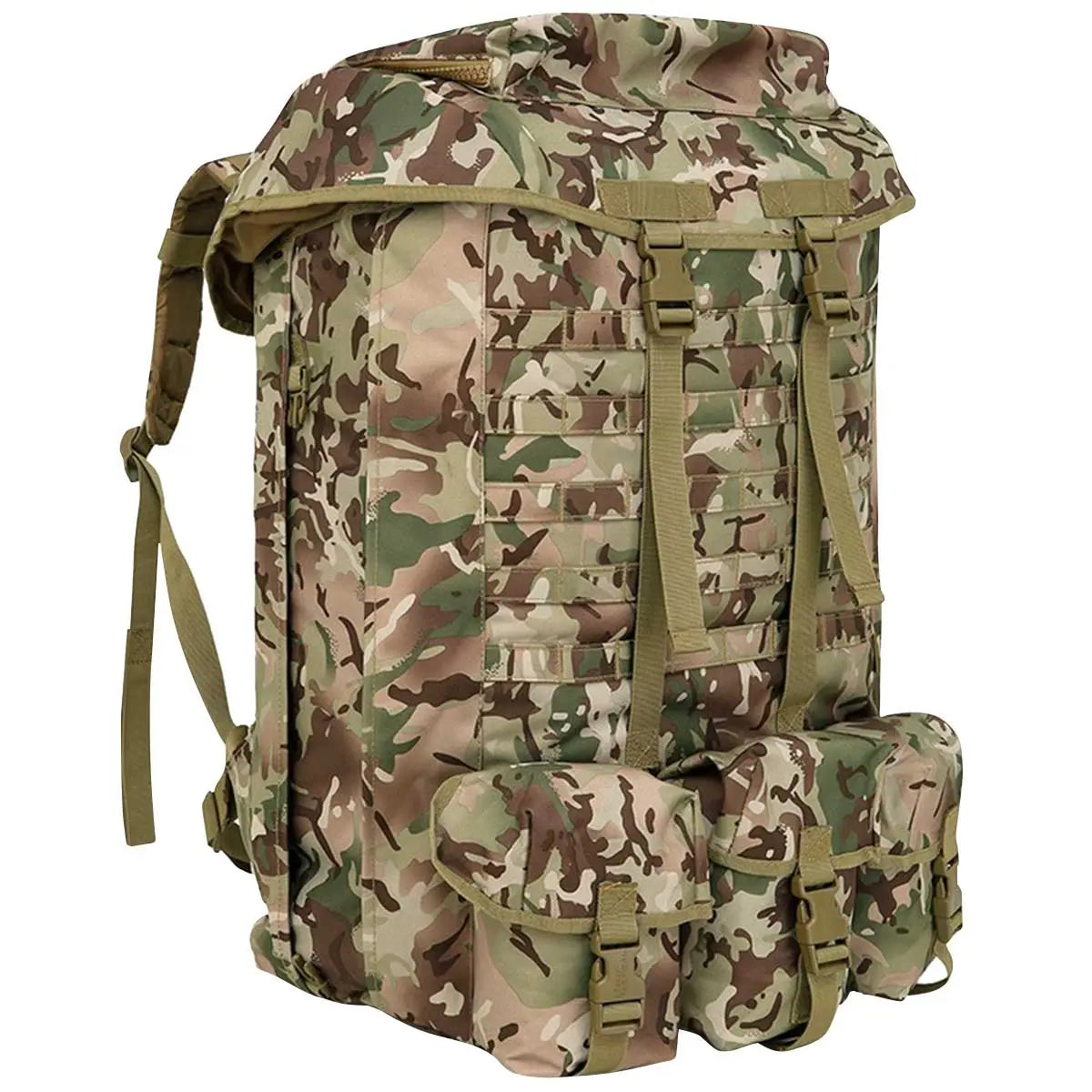 Kombat Airborne Bergen 100 Litre BTP military backpack in BTP camouflage with triple front pouches and rugged Tac-Poly fabric, ideal for heavy-duty use.