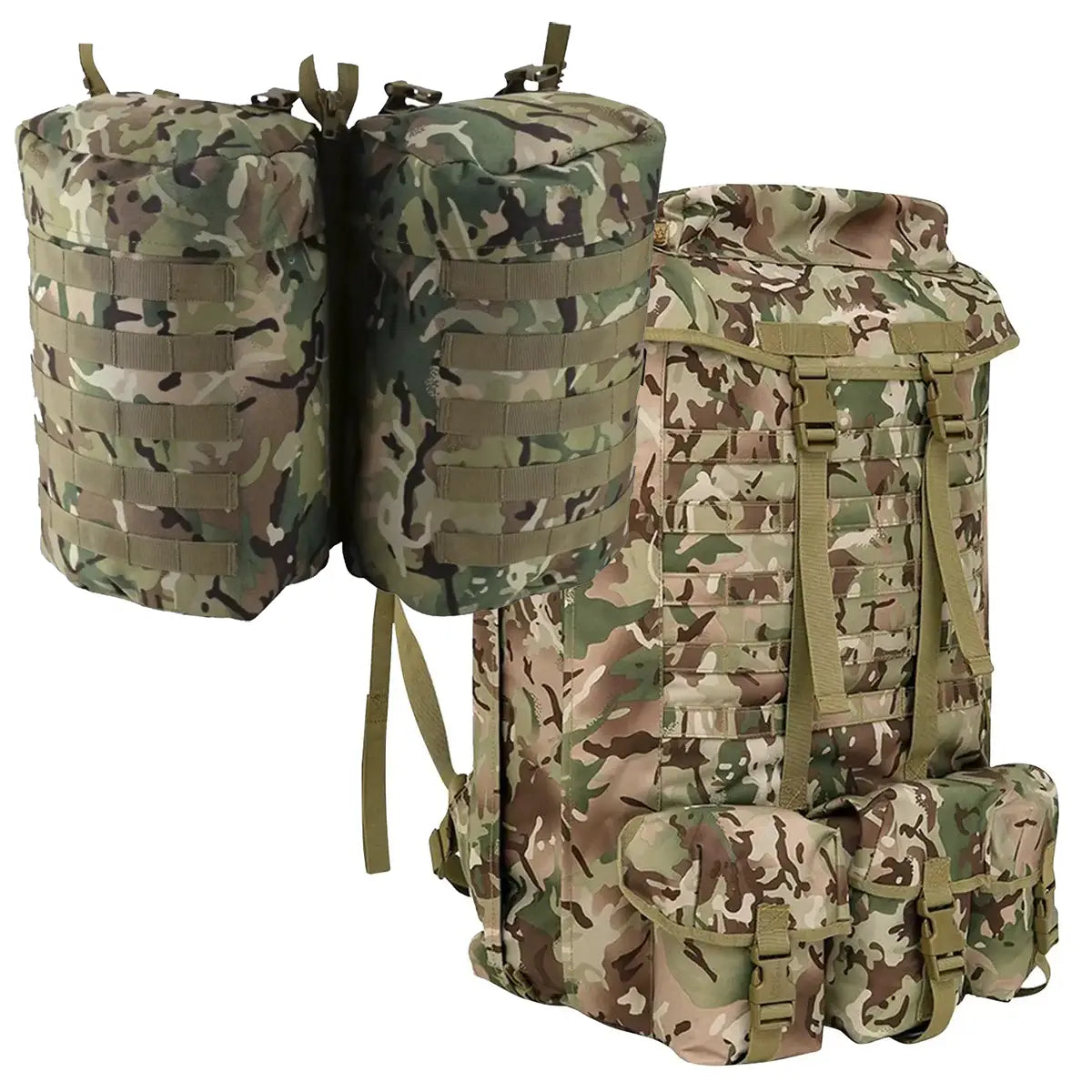 Kombat Airborne Bergen 100 Litre BTP military backpack in rugged BTP camouflage with detachable side pouches and Tac-Poly fabric construction.