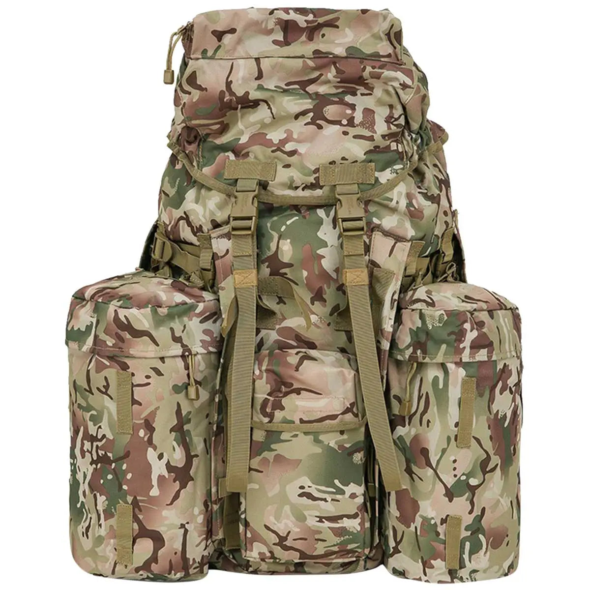 Front view of Kombat Full Size PLCE Bergen 120 Litre BTP backpack in camouflage, designed for rugged outdoor and military applications.
