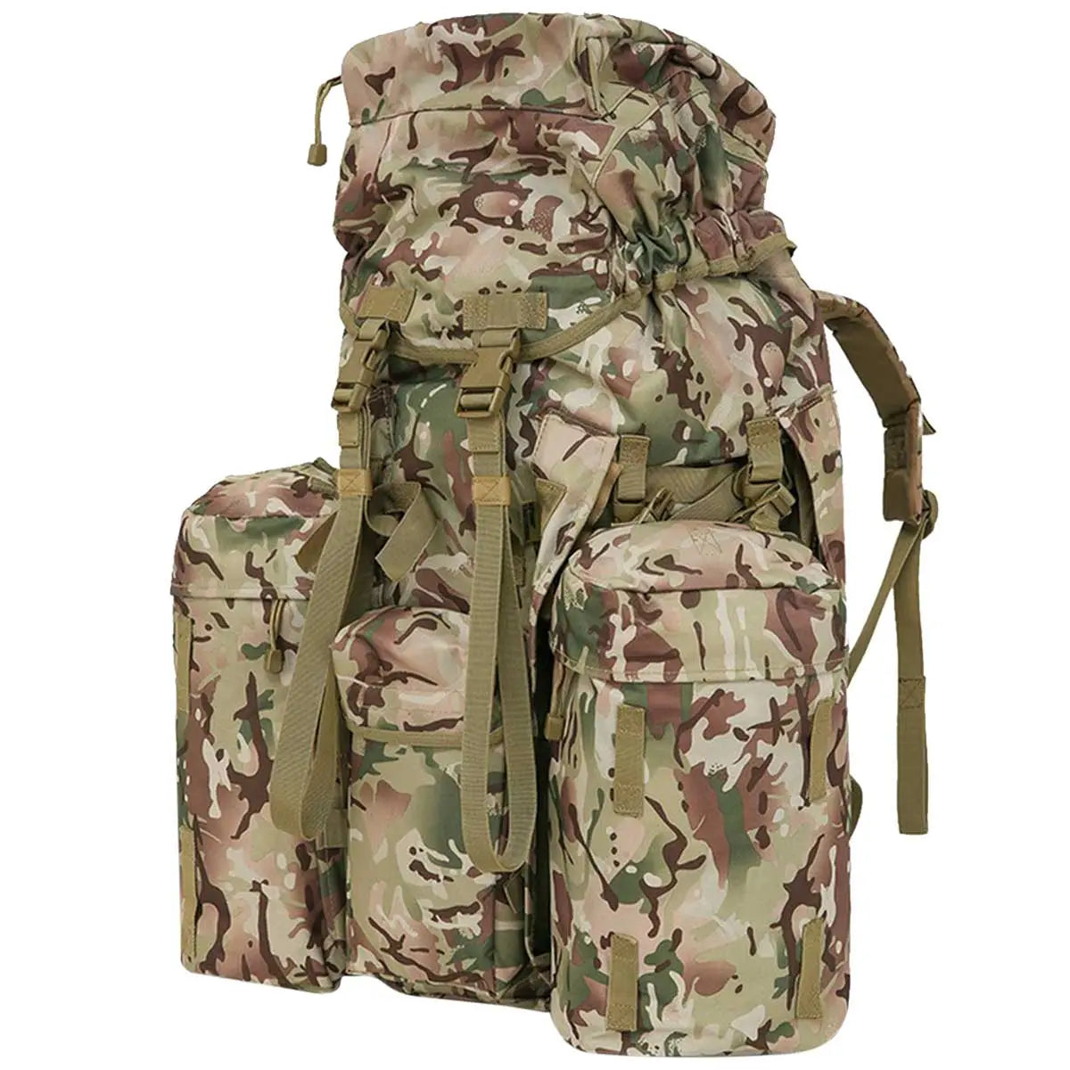 Kombat Full Size PLCE Bergen 120 Litre BTP military backpack with three detachable pouches, ideal for tactical and outdoor use.