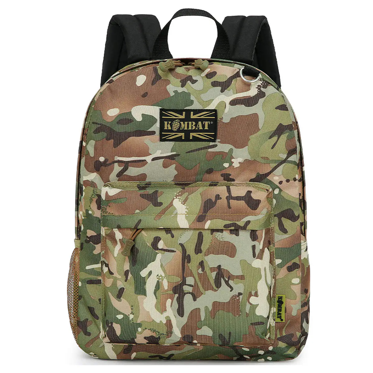 Kombat 18L Street Kids Army Rucksack in classic camouflage print with a front pocket and mesh side pocket. Ideal for school, hiking, and outdoor fun. BTP from  John Bull Clothing 
