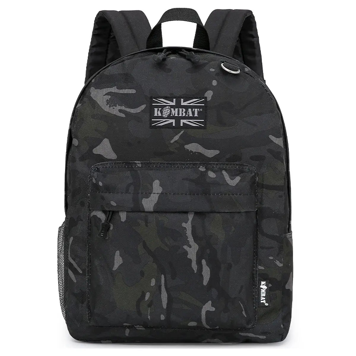 Kombat 18L Street Kids Army Rucksack in black camo pattern, featuring a front zip pocket and sturdy design. Great for school and outdoor activities. Black BTP from  John Bull Clothing 