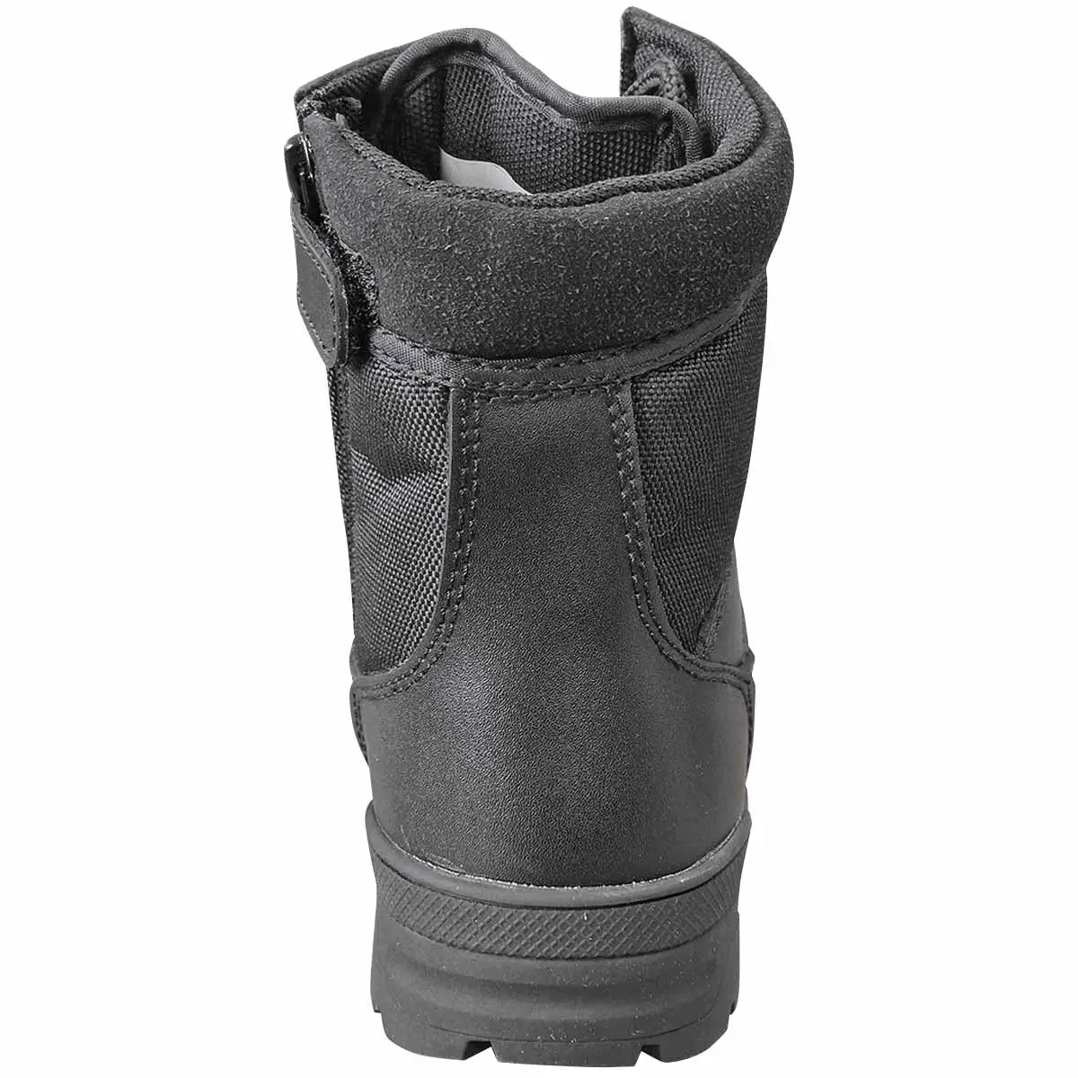 Rear view of Kombat Kids Half Leather Patrol Black Boot highlighting padded heel and sturdy construction for long-lasting wear.