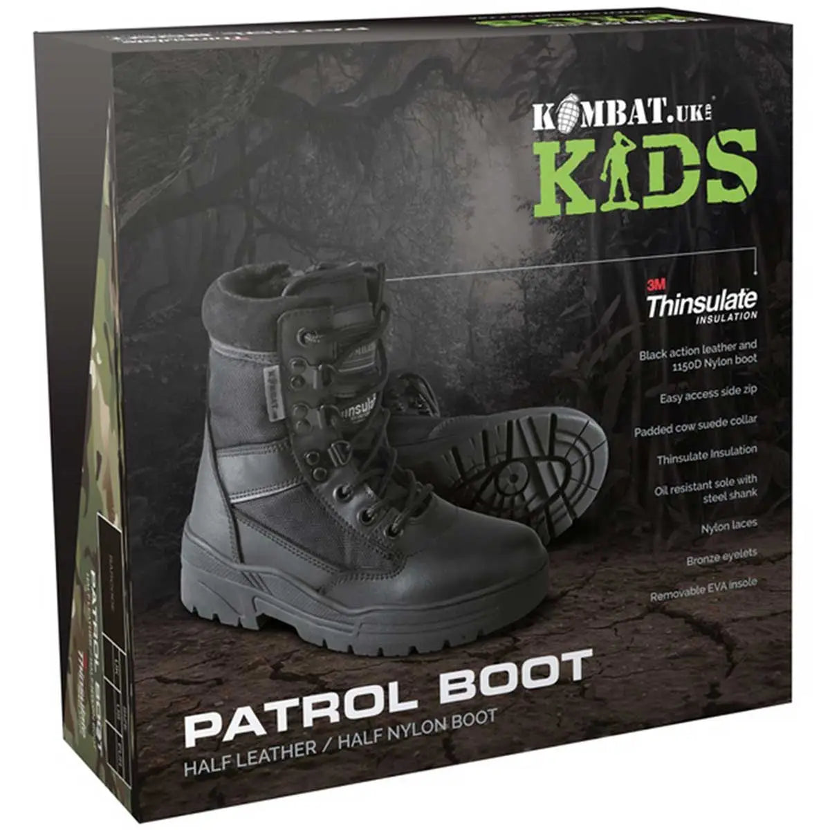 Retail packaging of Kombat Kids Half Leather Patrol Black Boots featuring product image, Thinsulate insulation, and key boot features.