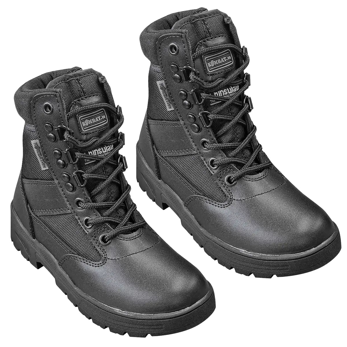 Kombat Kids Half Leather Patrol Black Boots pair with lace-up front and padded collar, ideal for active children’s outdoor wear.