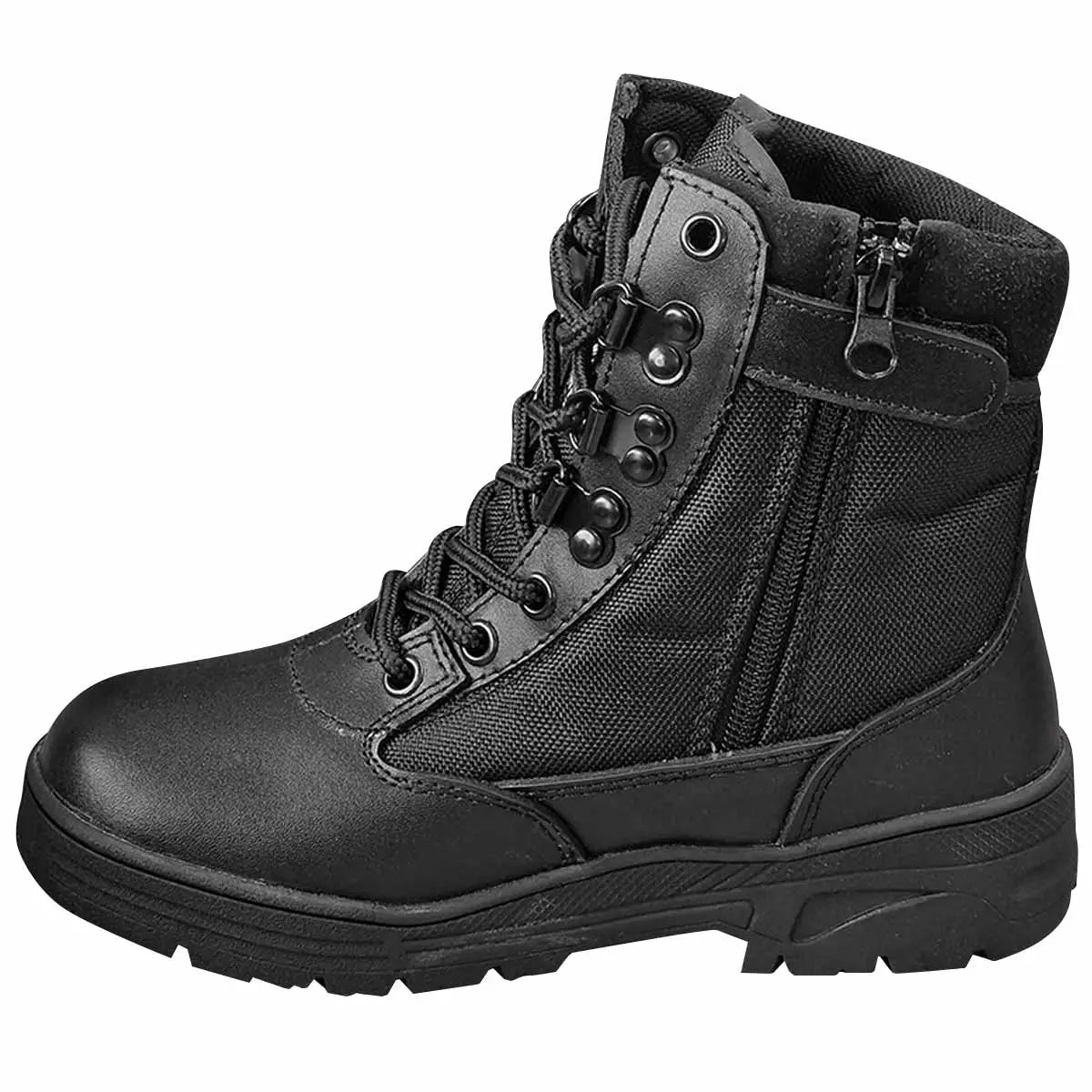 Side view of Kombat Kids Half Leather Patrol Black Boot featuring zip closure and rugged sole for easy wear and reliable grip.