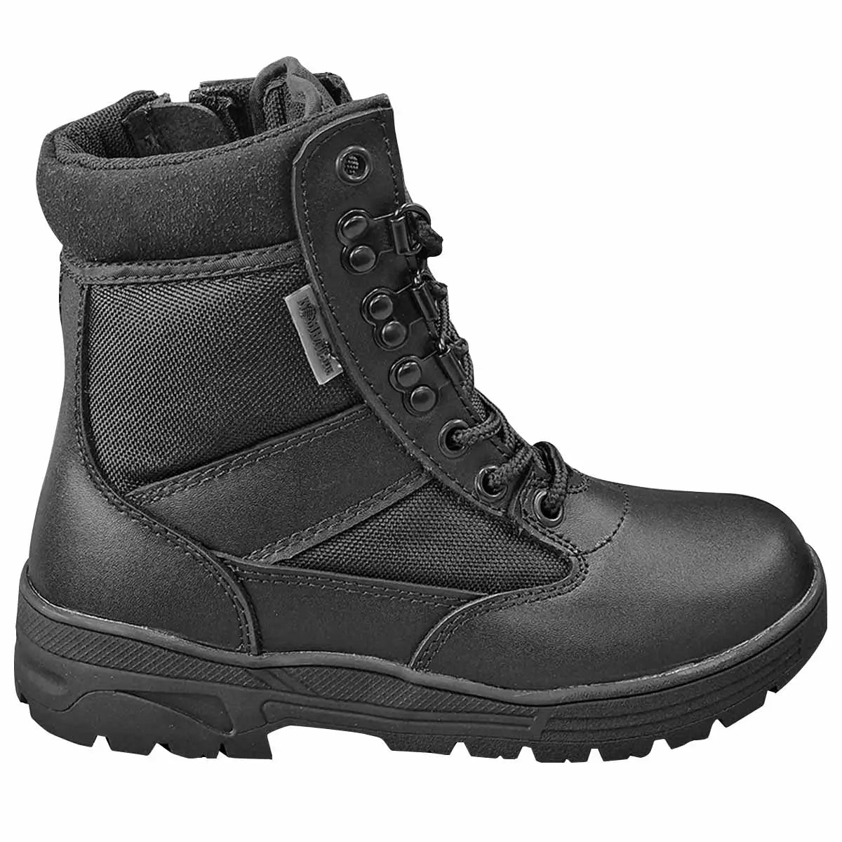 Left side profile of Kombat Kids Half Leather Patrol Black Boot showing breathable nylon panels and reinforced stitching.