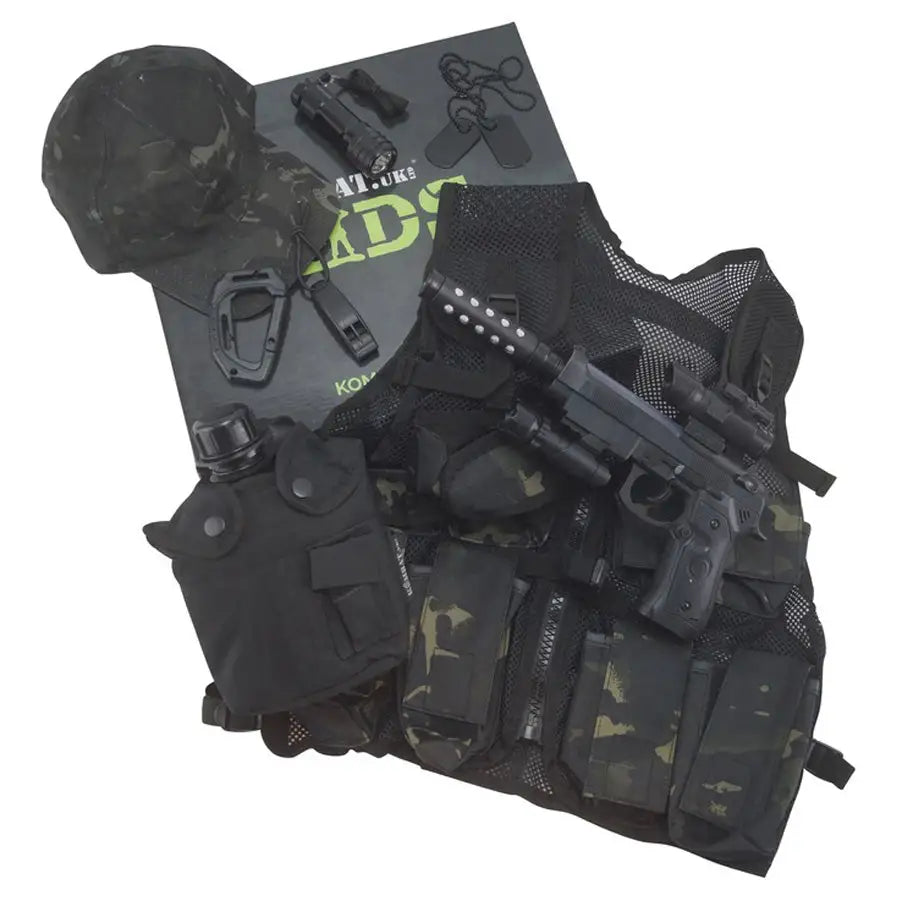 Kombat Kids Special Forces Set BTP Black features a black camo tactical vest, cap, toy gun, canteen, carabiner, and accessories for pretend play.  from  John Bull Clothing 