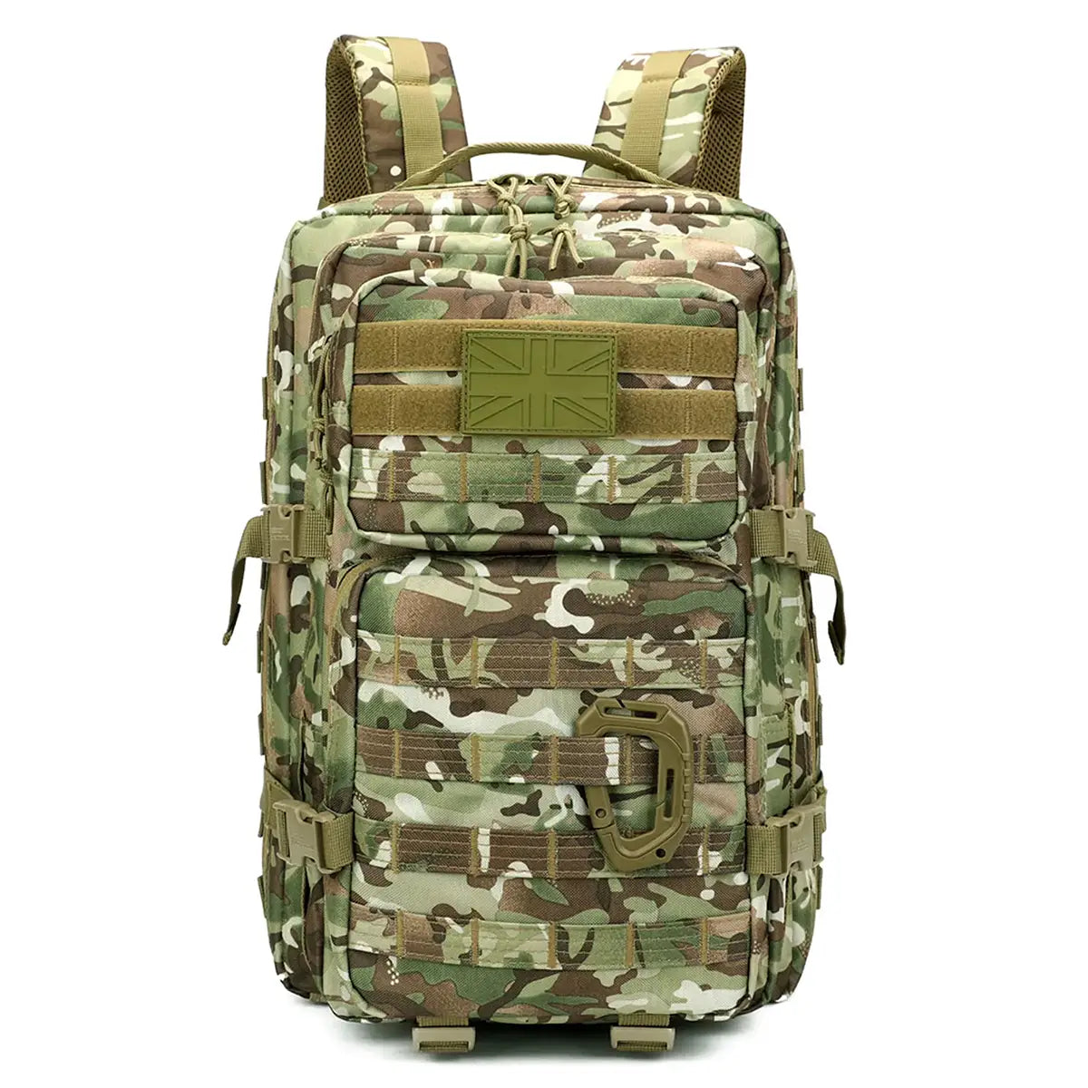 Front view of Kombat Trooper Assault Pack 40 Litre BTP showing multiple compartments and British Tactical Pattern design for military use.