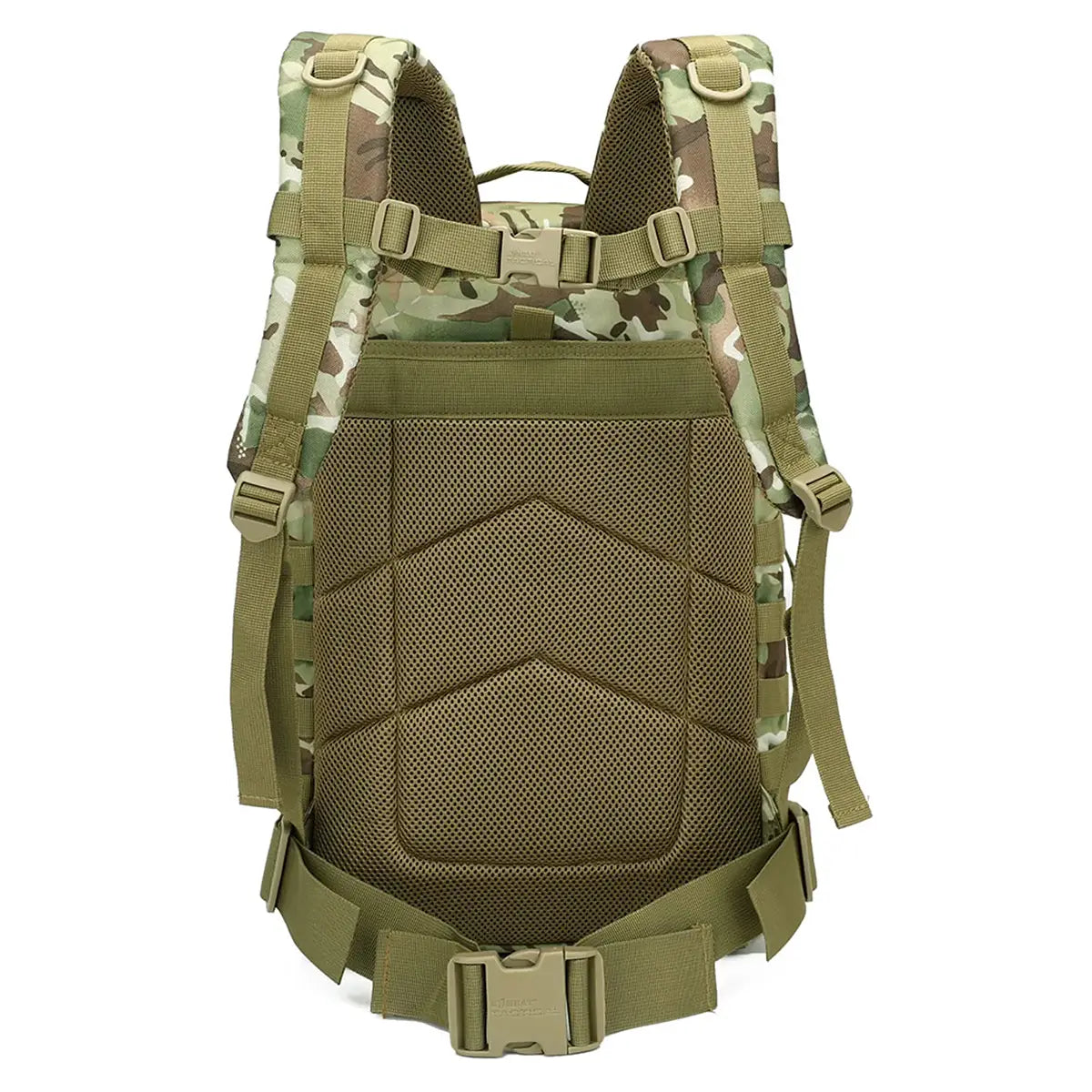 Back view of Kombat Trooper Assault Pack 40 Litre BTP featuring padded mesh back panel and adjustable shoulder and waist straps for comfort.