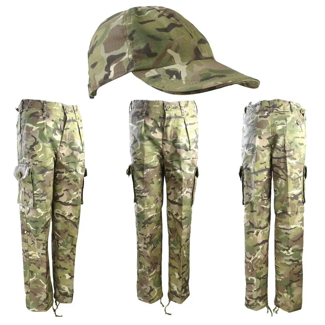Kombat Kids Adventurer Army Trousers and Cap BTP, featuring cargo pockets and adjustable hems for a tactical outdoor look.  from  John Bull Clothing 