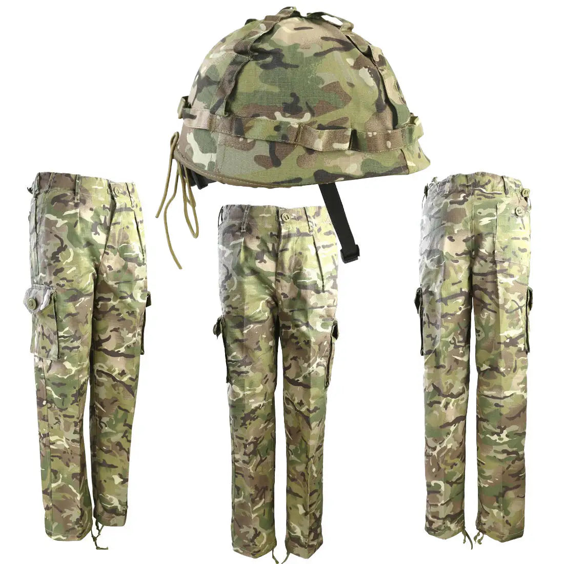 Kids army clothing set including camouflage trousers and a military-style helmet. Great for outdoor adventures and role-playing.  from  John Bull Clothing 