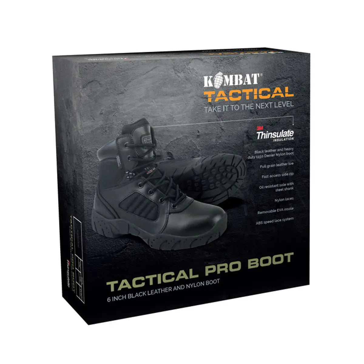 Retail packaging of Kombat UK 6 Inch Pro Side Zip Combat Black Boots featuring product image, Thinsulate lining, and tactical boot specifications.
