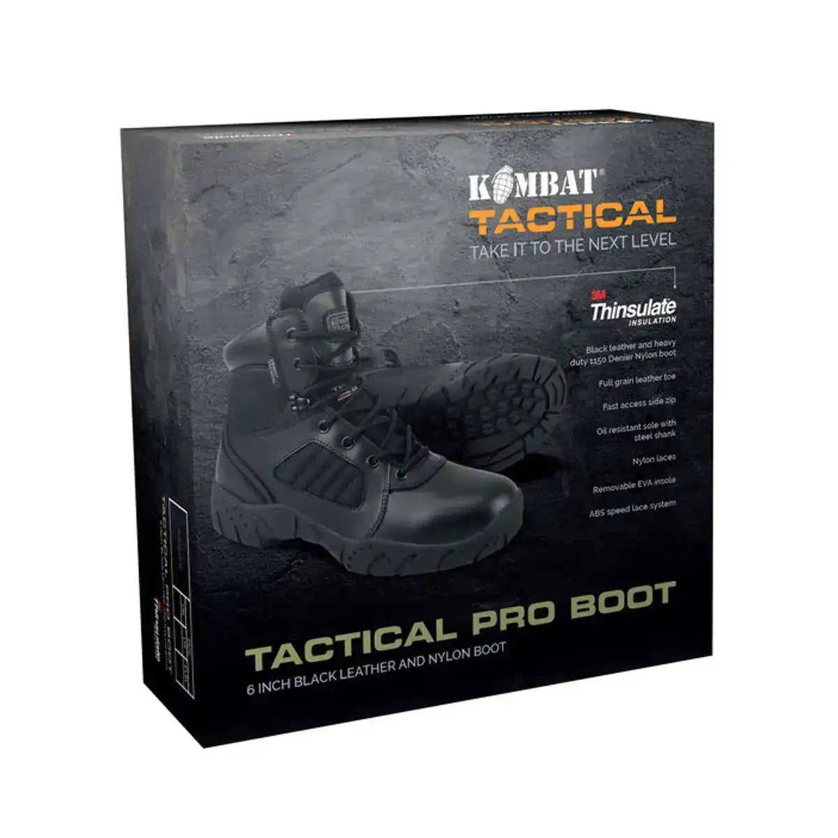 Retail packaging of Kombat UK 6 Inch Pro Side Zip Combat Black Boots featuring product image, Thinsulate lining, and tactical boot specifications.  from  John Bull Clothing   from  John Bull Clothing 