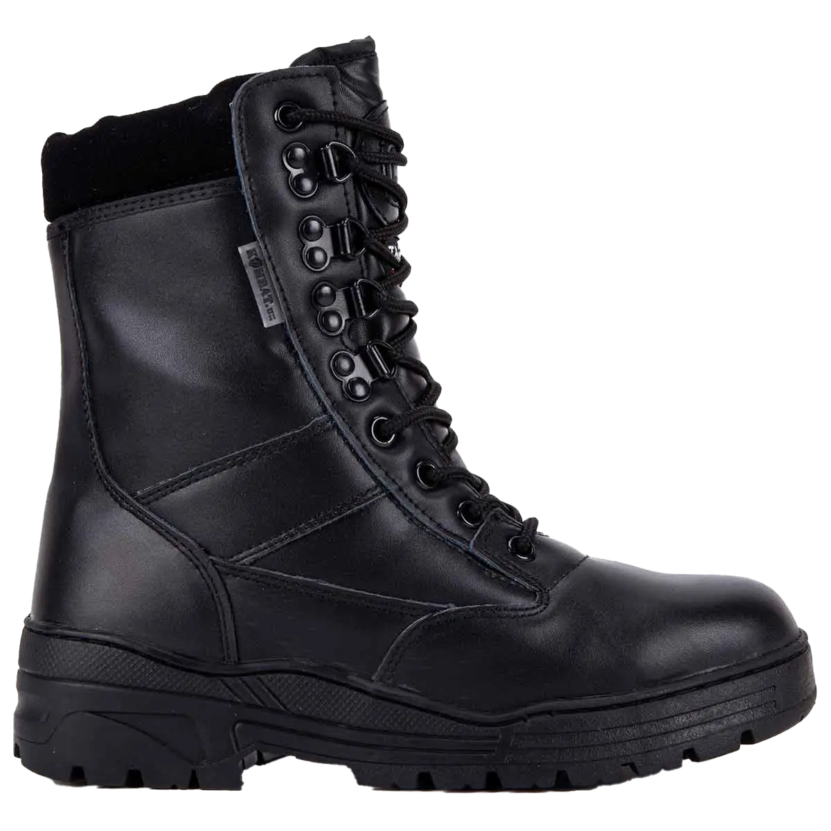 Side profile of Kombat UK All Leather Patrol Boot Black showing full-grain leather construction and heavy-duty stitching | John Bulls