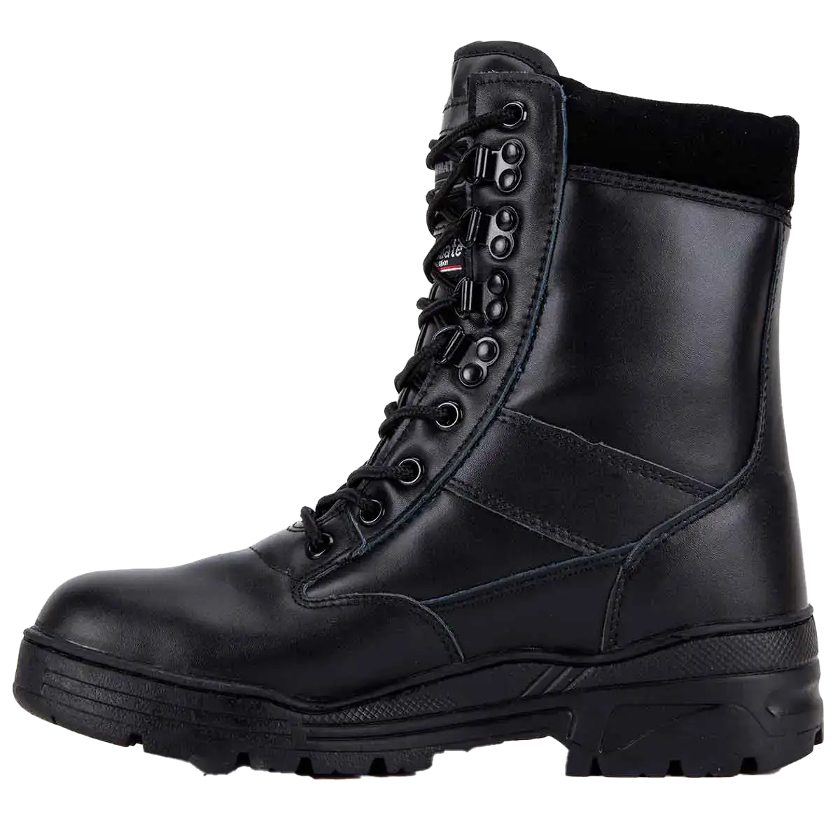 Opposite side view of Kombat UK All Leather Patrol Boot Black with metal eyelets and slip-resistant outsole | John Bulls  from  John Bull Clothing 