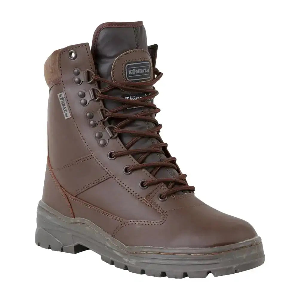 Single Kombat UK Leather Patrol Boot in MoD Brown featuring full leather construction, metal eyelets, and cushioned ankle support for field durability.  from  John Bull Clothing 