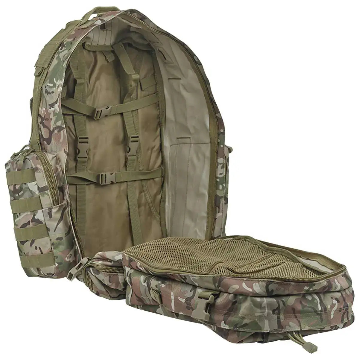 Interior of Kombat Viking Patrol Pack 60 Litre BTP - Tactical Backpack showing spacious main compartment with internal straps and mesh pocket.  from  John Bull Clothing 