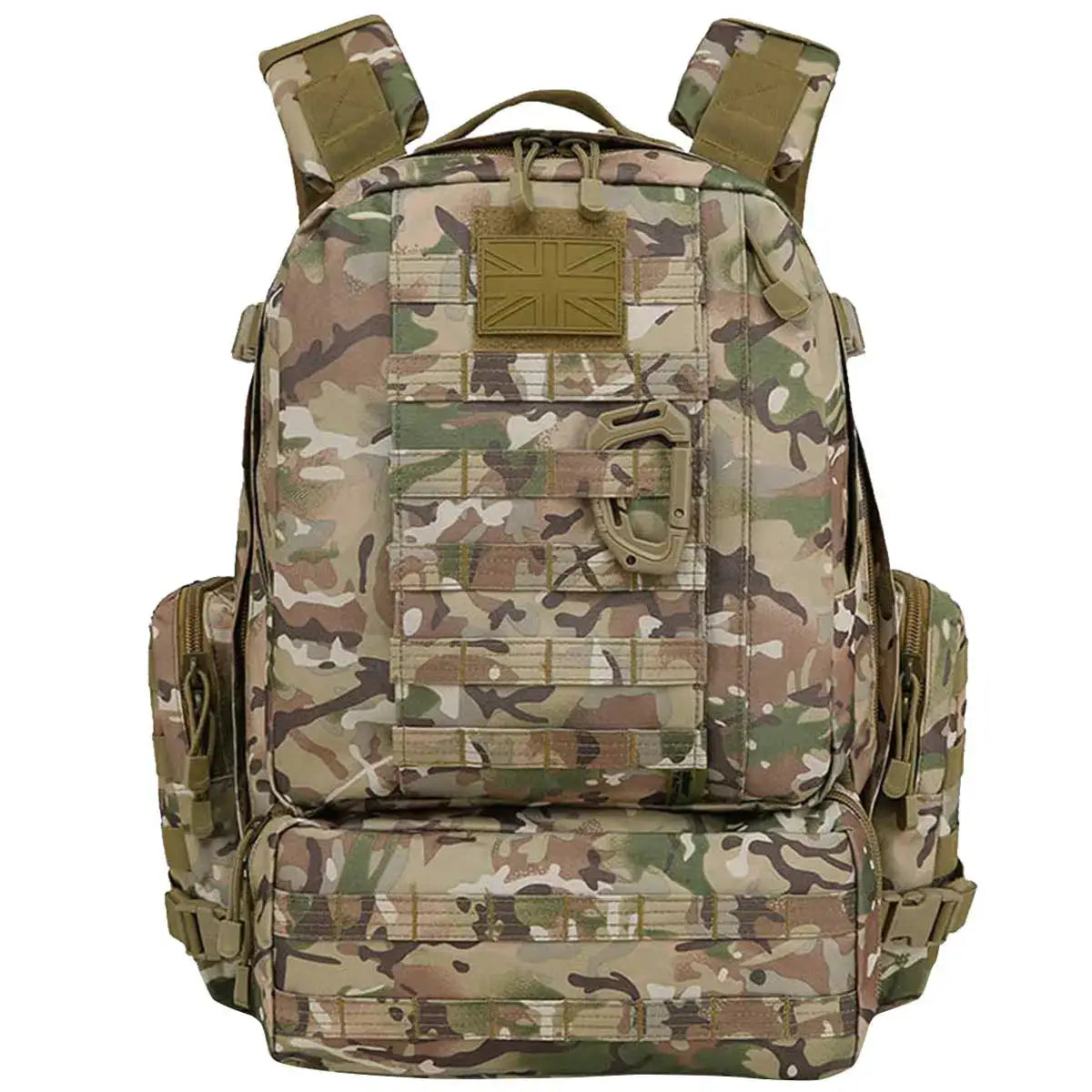 Front view of Kombat Viking Patrol Pack 60 Litre BTP - Tactical Backpack showing UK patch, MOLLE system, and rugged military design.  from  John Bull Clothing 