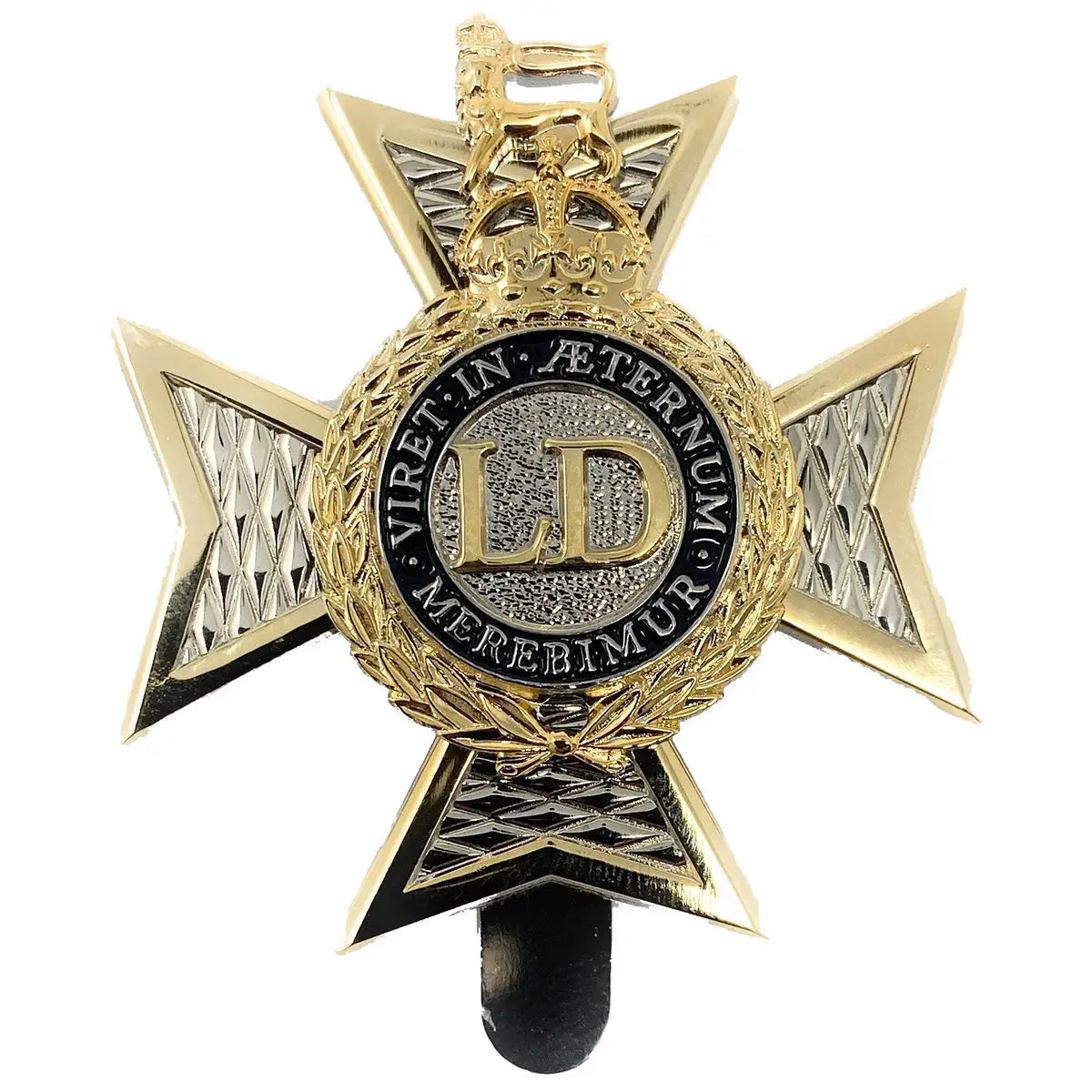 Light Dragoons Cap Badge with Kings Tudor Crown in brass and silver finish, featuring LD initials and Latin motto, ideal for military berets.  from  John Bull Clothing 