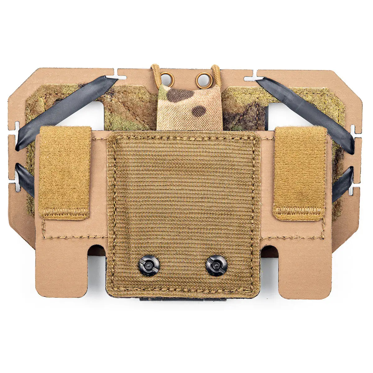Back view of tactical Multicam phone pouch with Velcro and elastic straps, showing attachment points for chest rig or plate carrier - SKU: JB1585
