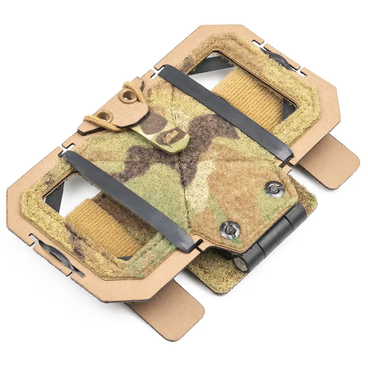 Open view of Multicam phone pouch with Velcro closure, showing interior padding and elastic retention straps for secure phone storage - SKU: JB1585