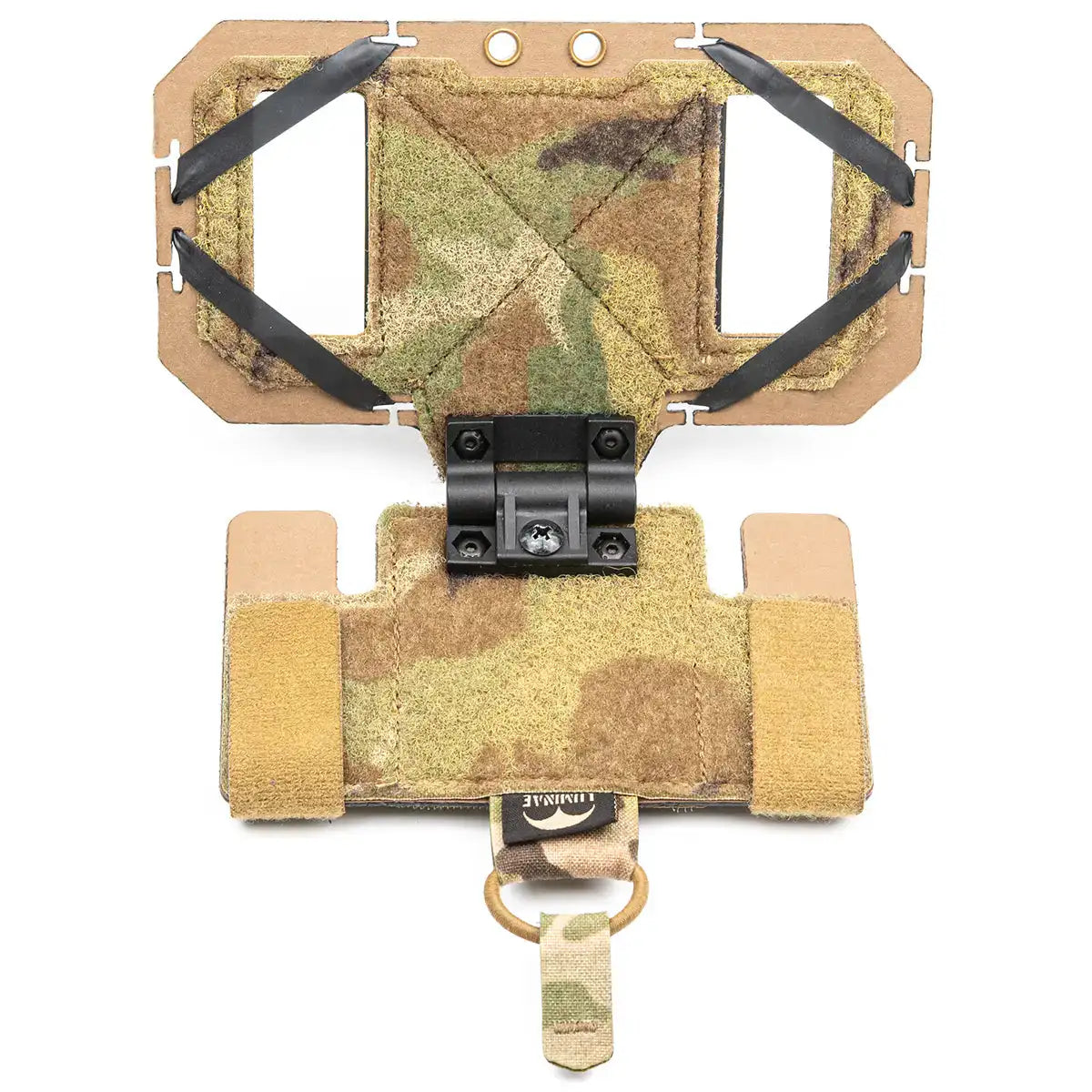 Front view of phone pouch with mounted smartphone, secured with elastic straps and Velcro, in Multicam camouflage for tactical use - SKU: JB1585