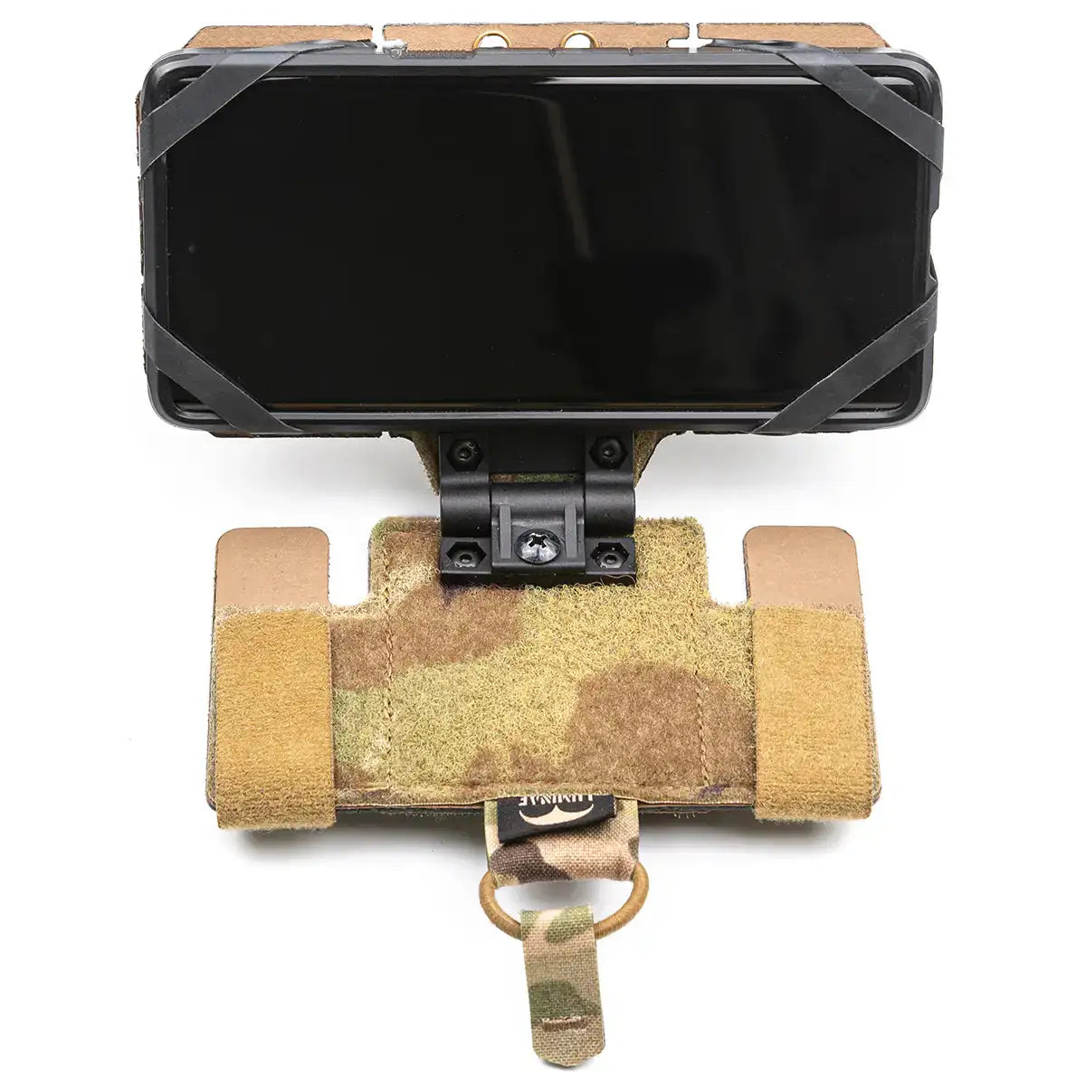 Black smartphone mounted on a tactical MOLLE pouch with camouflage pattern, secured with elastic straps, designed for military or outdoor use - SKU: JB1585
