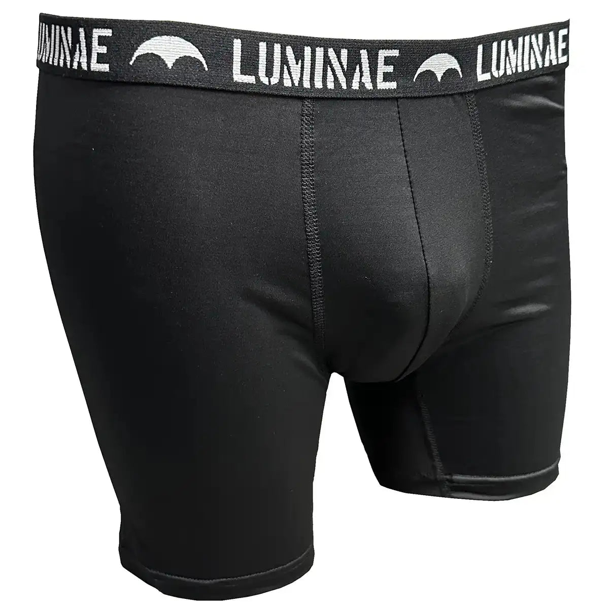 Front view of a single Luminae Battle Boxer Short in black, featuring a stretch fit and bold Luminae logo waistband.  from  John Bull Clothing 